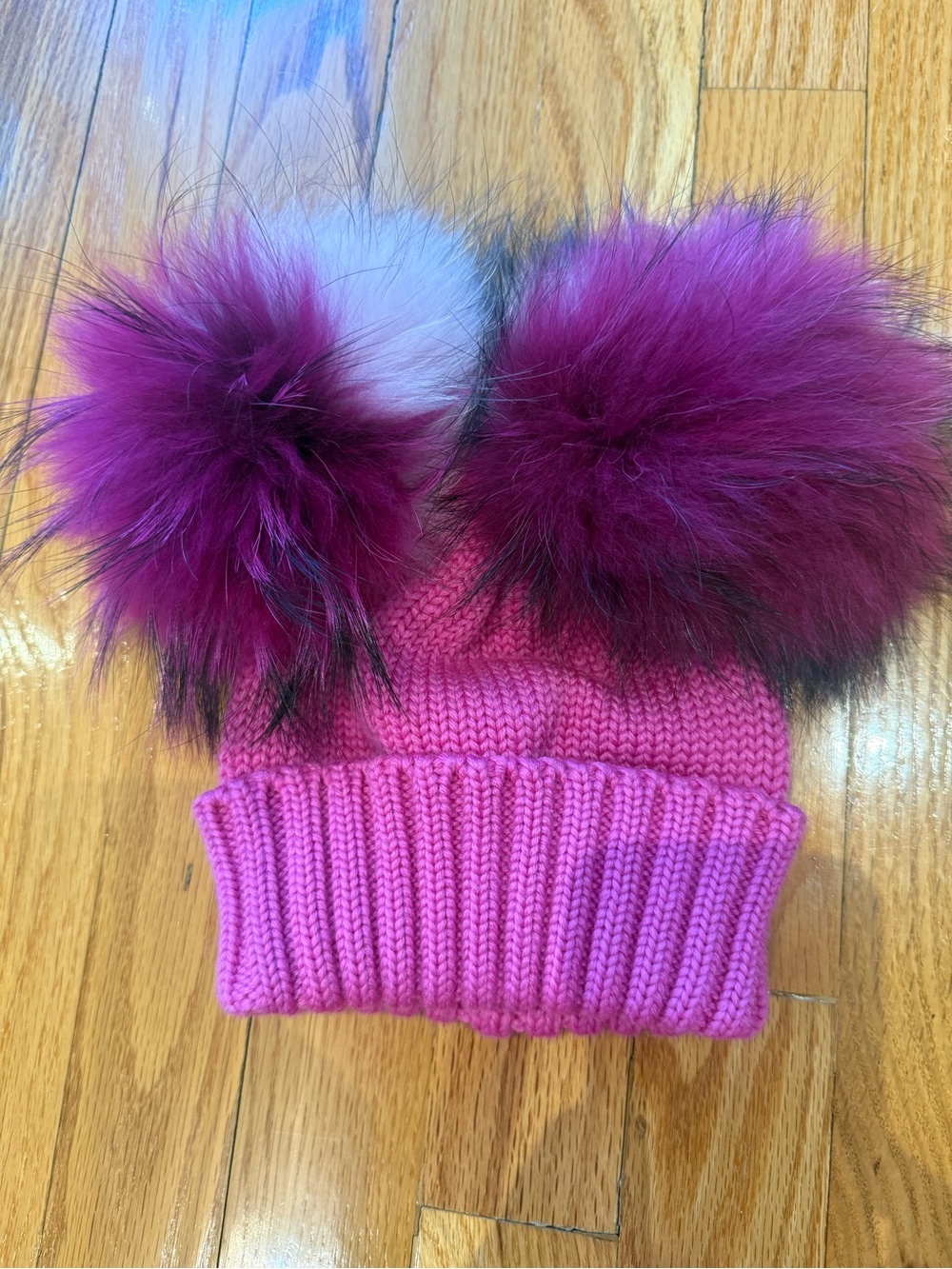 Kids Double Pom Knit Beanie in Bright Pink